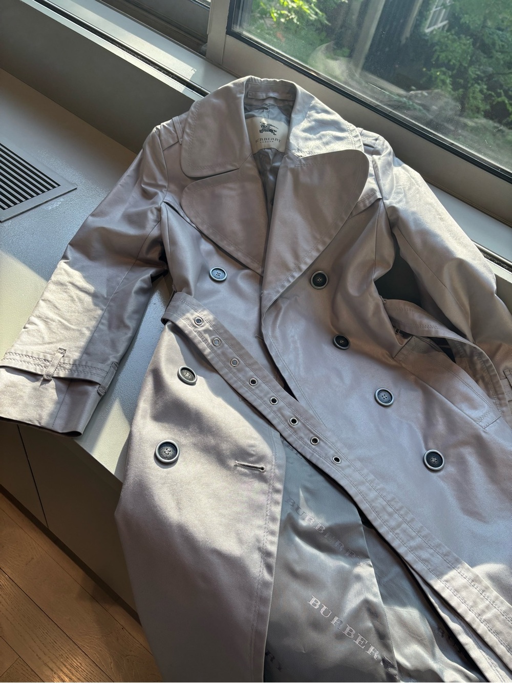 Burberry Double-Breasted Trench Coat - Metallic Light Gray - Picture 1 of 8